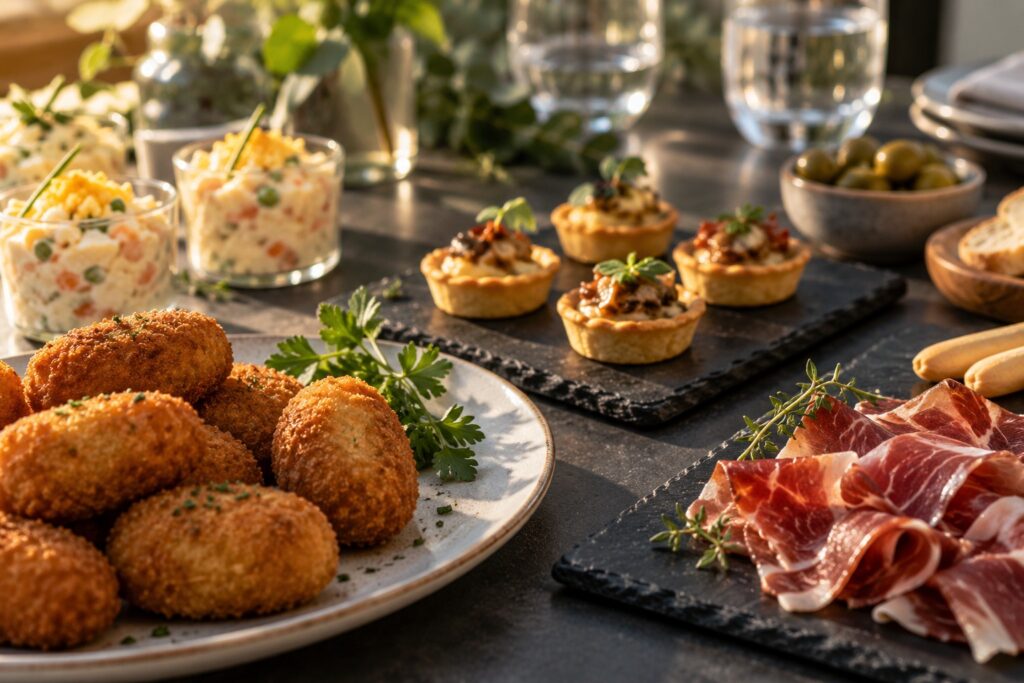 Selección de croquetas, tartaletas y aperitivos de catering