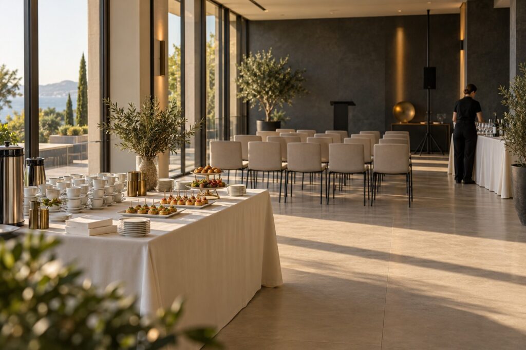 Espacio preparado para un evento corporativo con servicio de catering