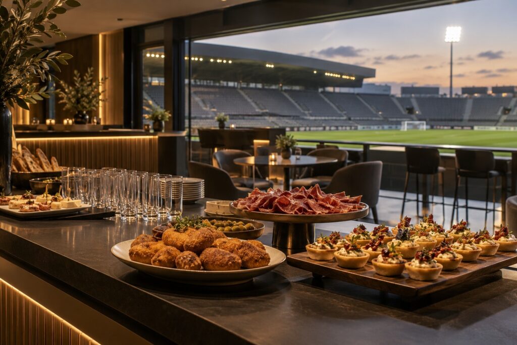 Catering en un espacio de hospitality junto a un campo de fútbol