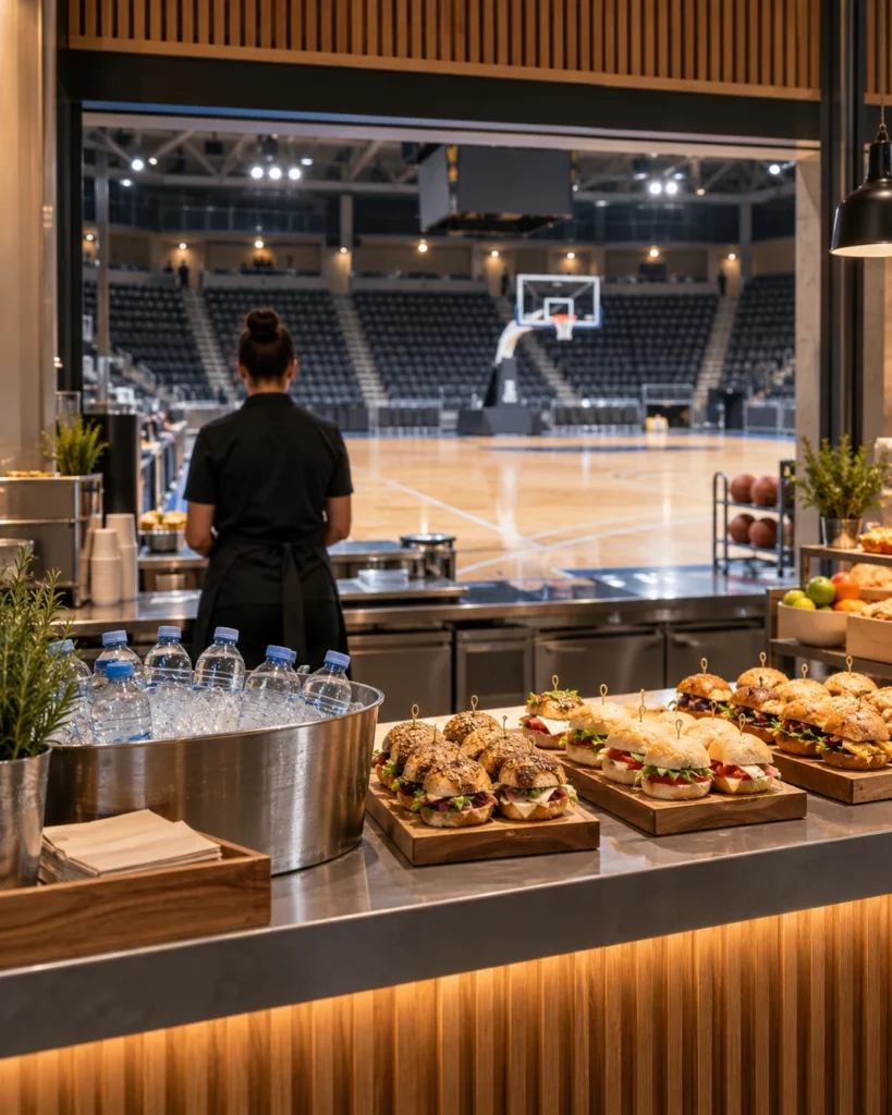 Zona de restauración con vistas a una pista de baloncesto