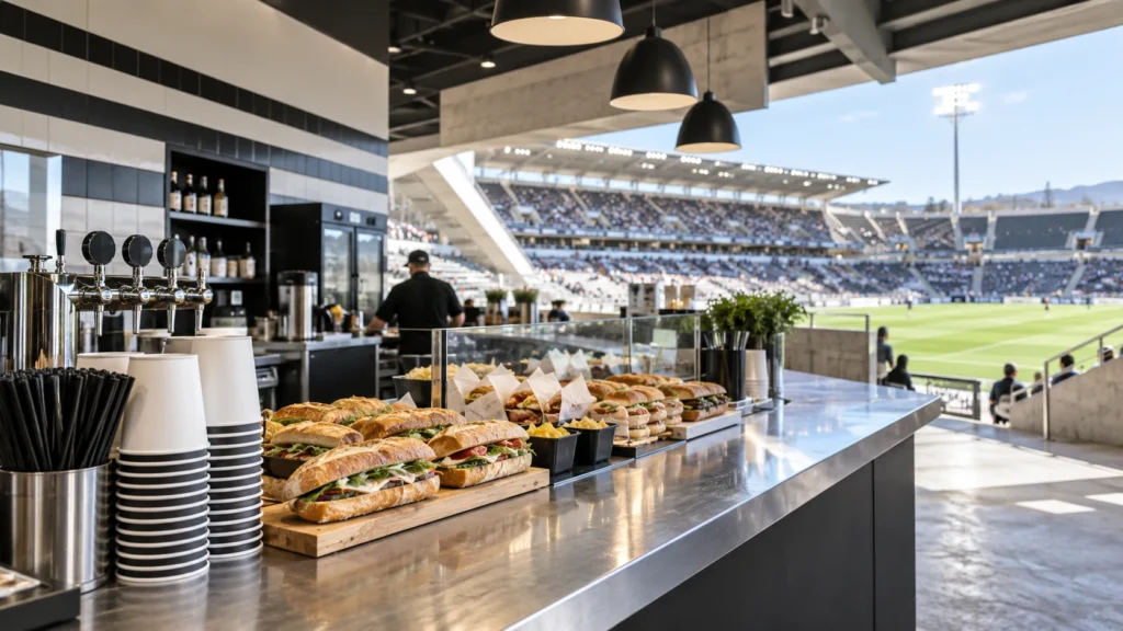 Barras de comida y bebida preparadas junto a las gradas de un estadio de fútbol