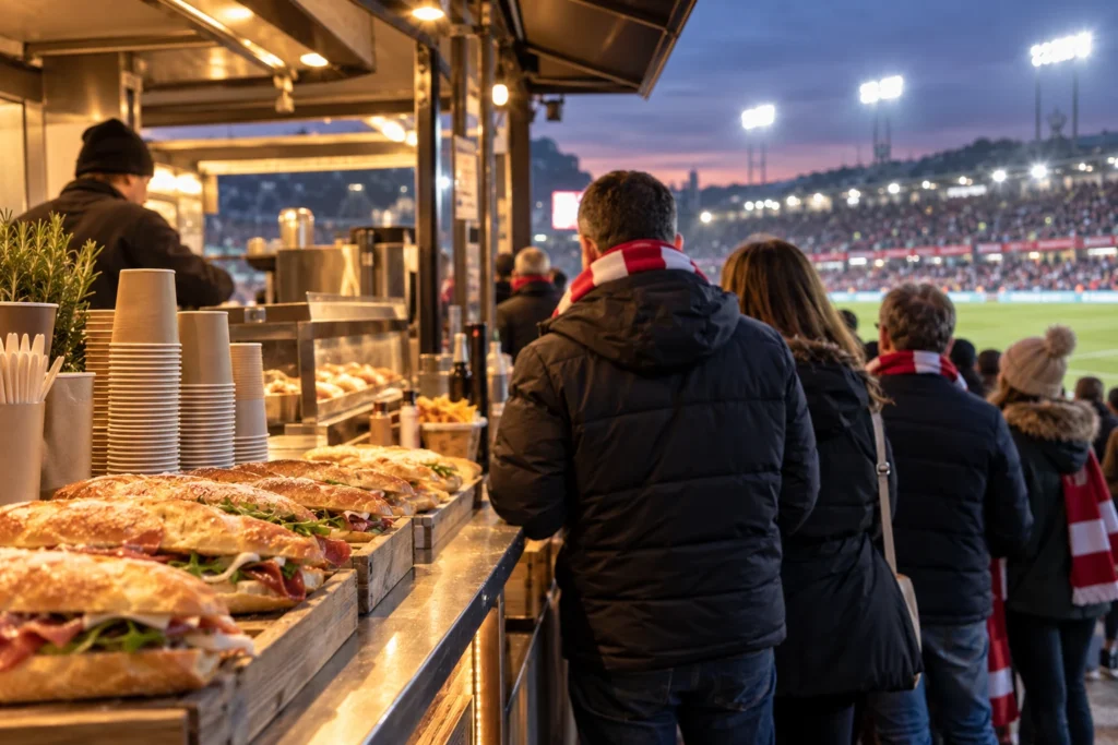 Servicio de bocadillos y bebidas al público durante una jornada de fútbol