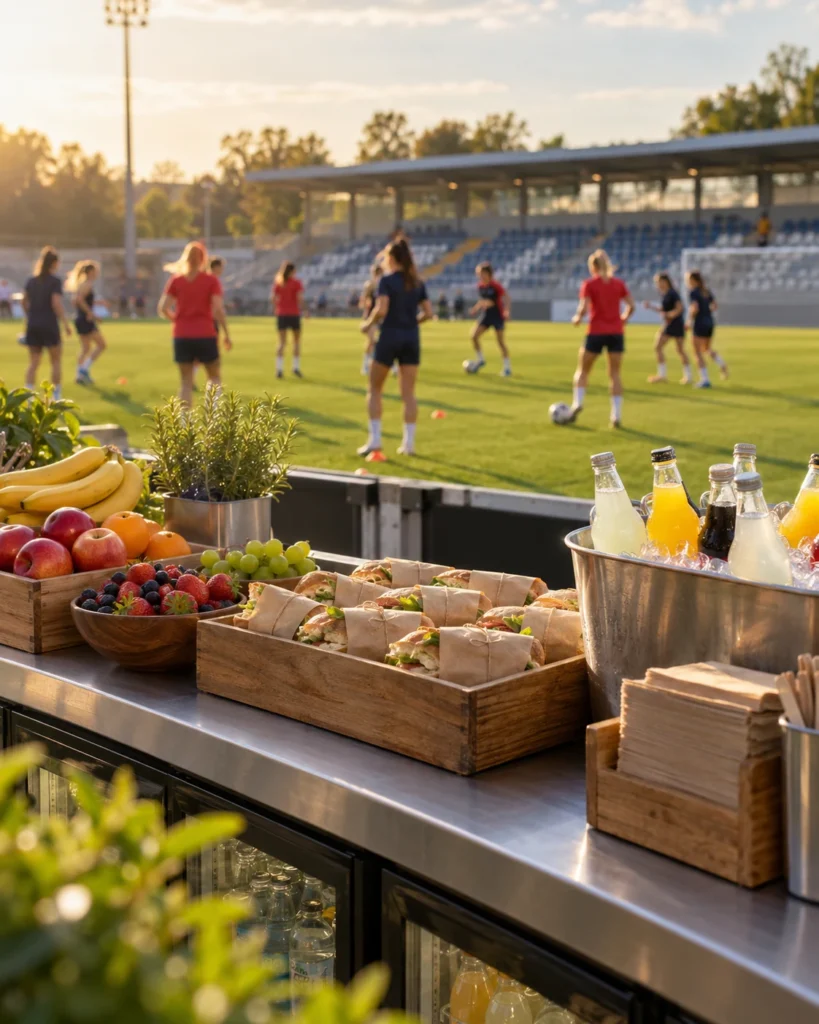 Punto de restauración junto a un campo preparado para un encuentro de fútbol femenino