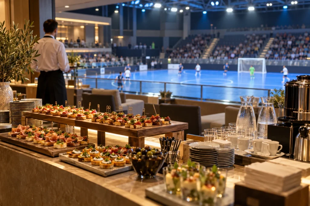 Servicio de catering en una zona VIP con vistas a una pista de fútbol sala