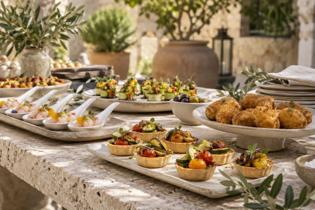 Selección de aperitivos y bocados de catering presentada en vajilla artesanal