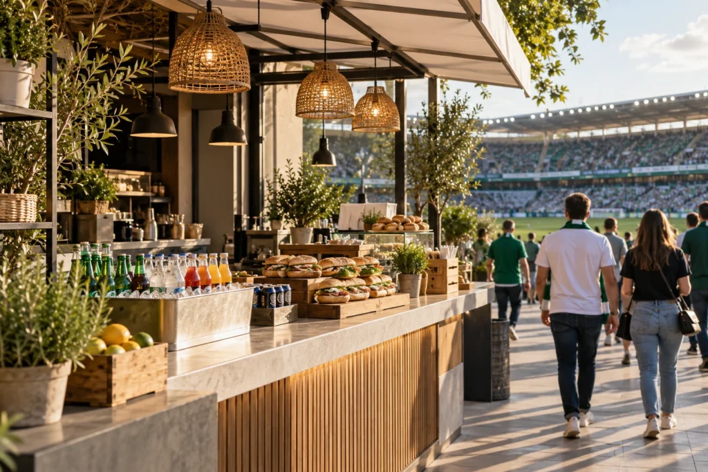 Punto de restauración preparado para recibir al público de un evento deportivo