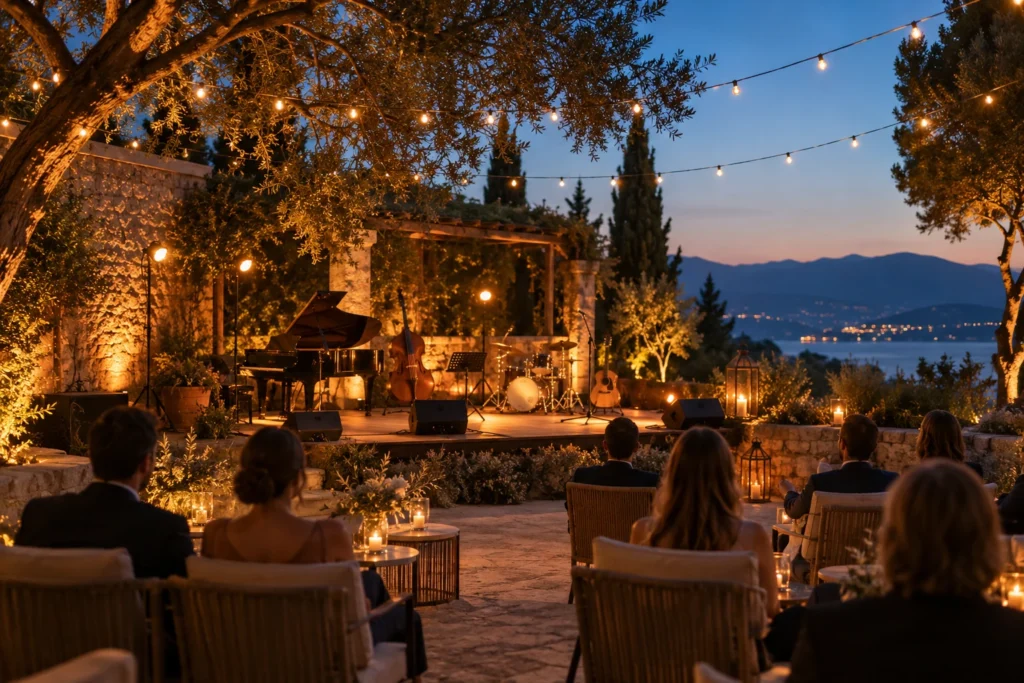 Escenario al aire libre preparado para una velada con iluminación cálida