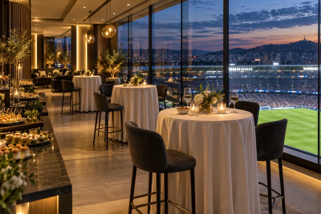 Salón de hospitality con mesas preparadas y vistas al campo de fútbol
