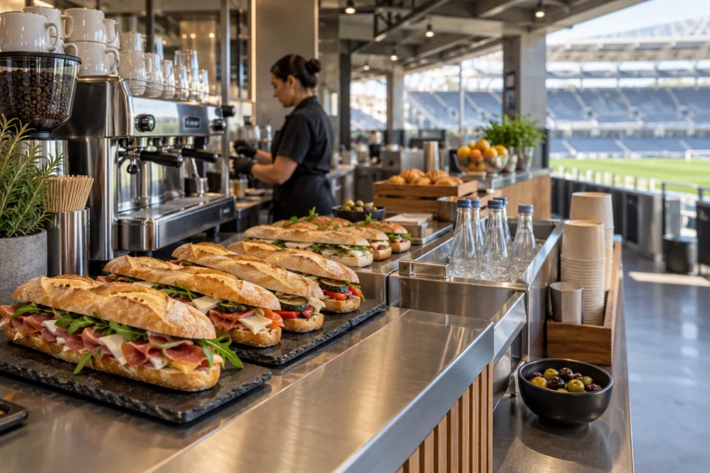Barra de restauración con bocadillos y bebidas en un recinto deportivo